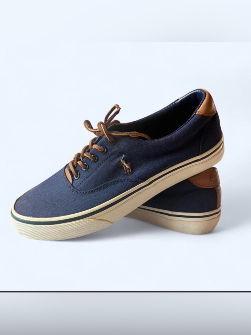 Polo by Ralph Lauren Men’s Navy Canvas Low-Top Sneakers with Brown Leather. SZ 8